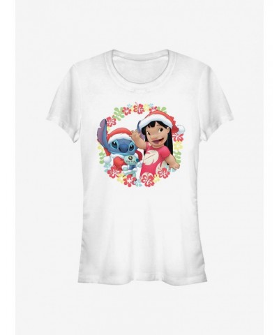 Disney Lilo & Stitch Christmas Hawaiian Floral Wreath Girls T-Shirt $6.77 T-Shirts