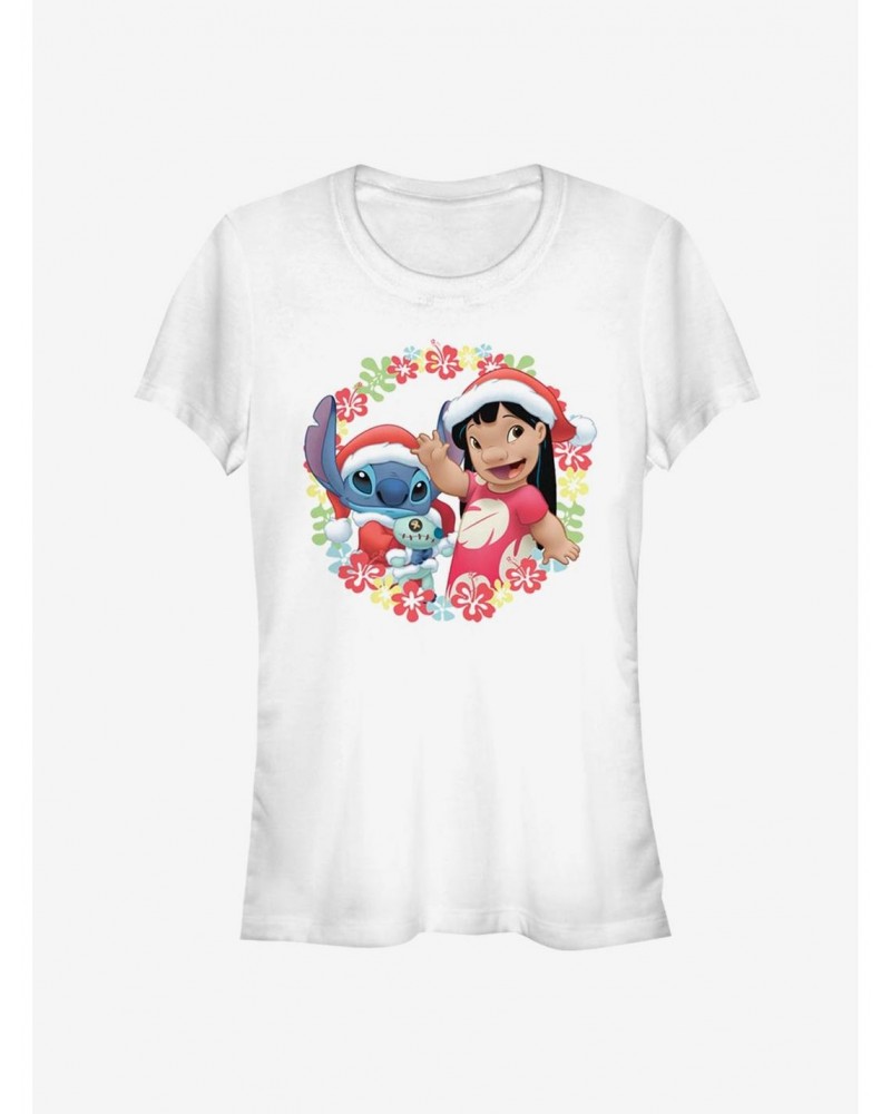 Disney Lilo & Stitch Christmas Hawaiian Floral Wreath Girls T-Shirt $6.77 T-Shirts