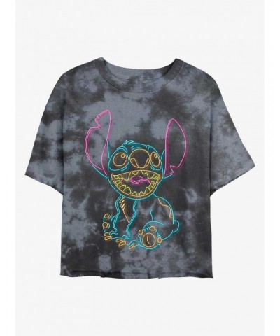 Disney Lilo & Stitch Line Art Neon Stitch Tie-Dye Girls Crop T-Shirt $7.86 T-Shirts