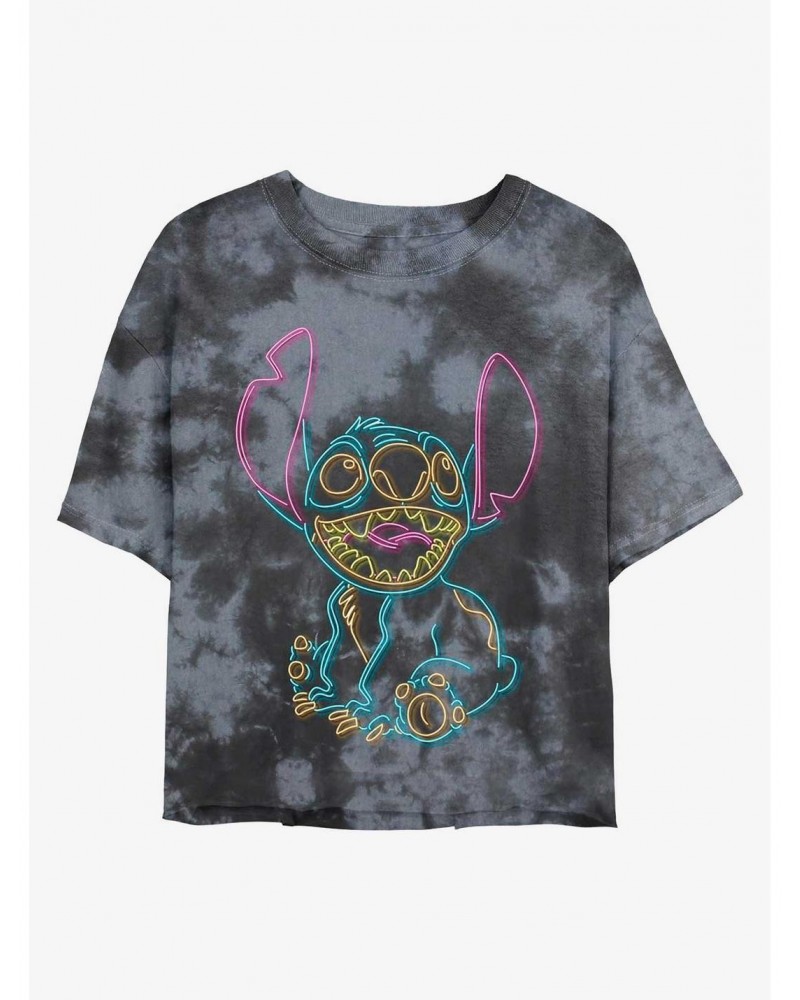 Disney Lilo & Stitch Line Art Neon Stitch Tie-Dye Girls Crop T-Shirt $7.86 T-Shirts