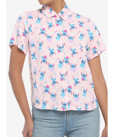 Disney Lilo & Stitch Hearts Pink Girls Woven Button-Up $9.45 Button-Up